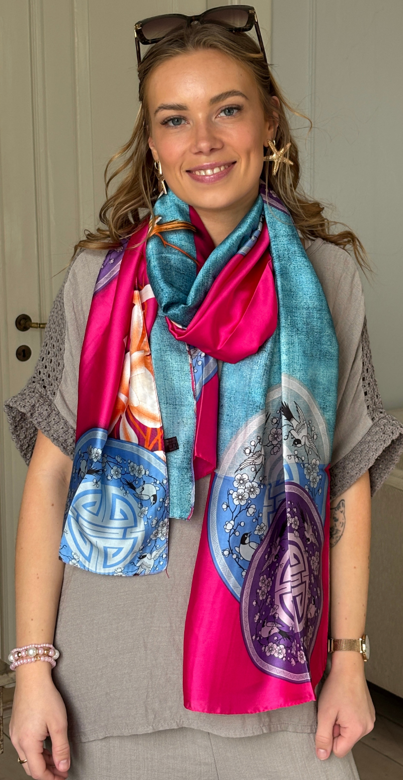 Tørklæde med fugle og blomster pink/turkis LikeLondon