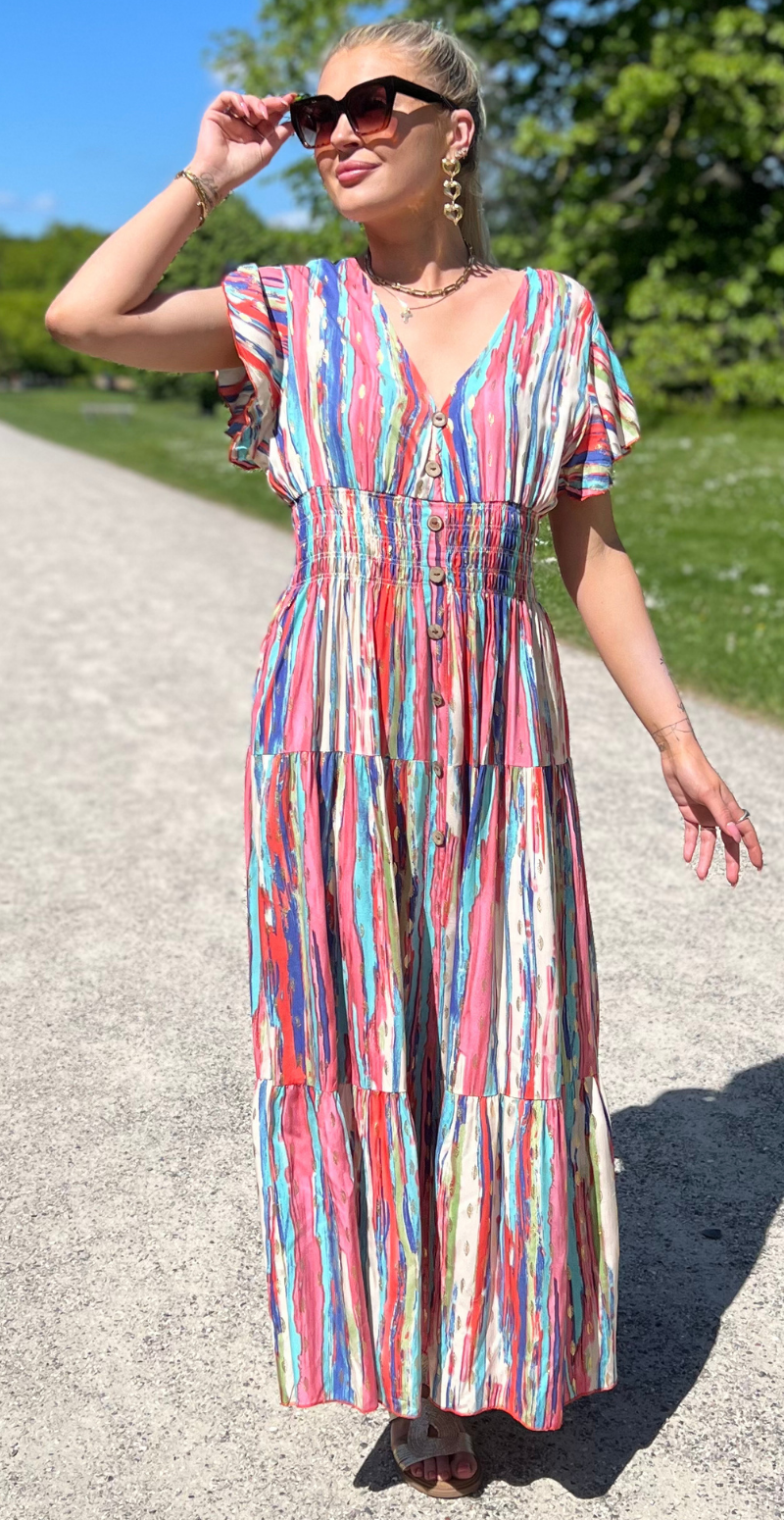 Tasja lang kjole med elastik talje og knapper royal blue LikeLondon