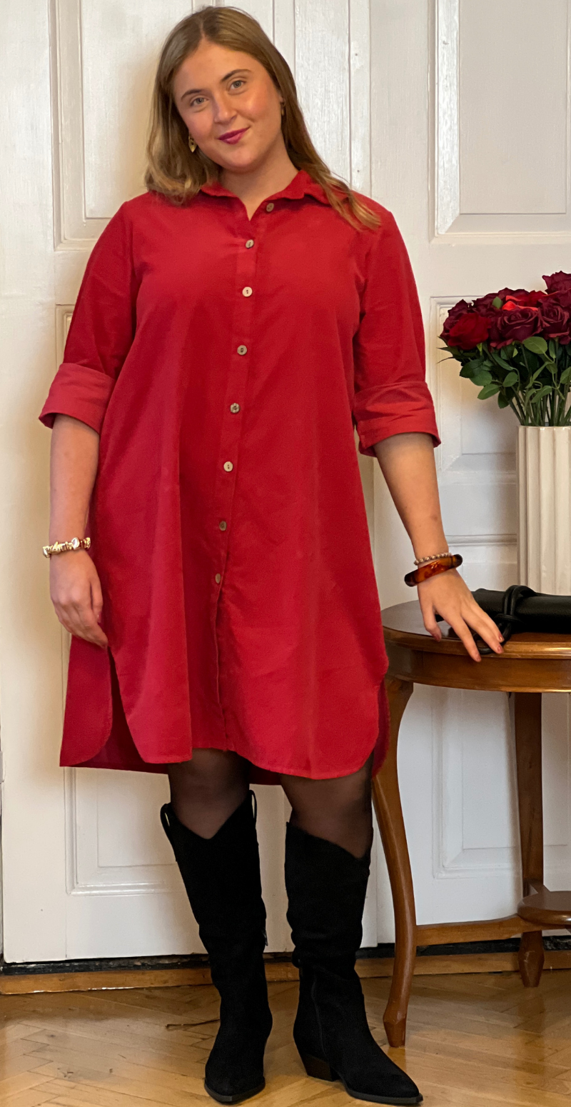 Danica fløjls kjole-tunika med knapstolpe rød LikeLondon