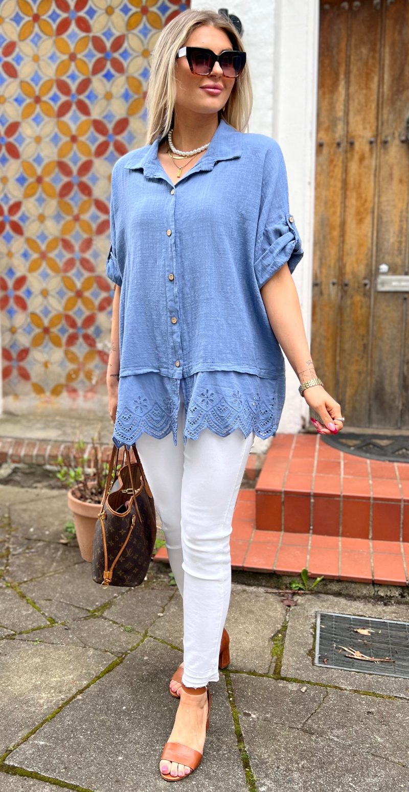Oda skjortebluse med broderi anglaise denim LikeLondon