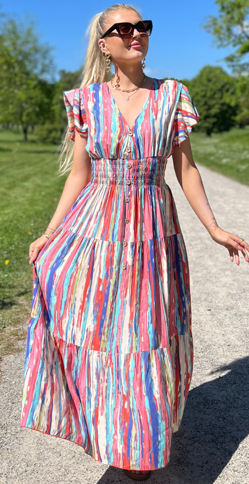 Tasja lang kjole med elastik talje og knapper royal blue LikeLondon