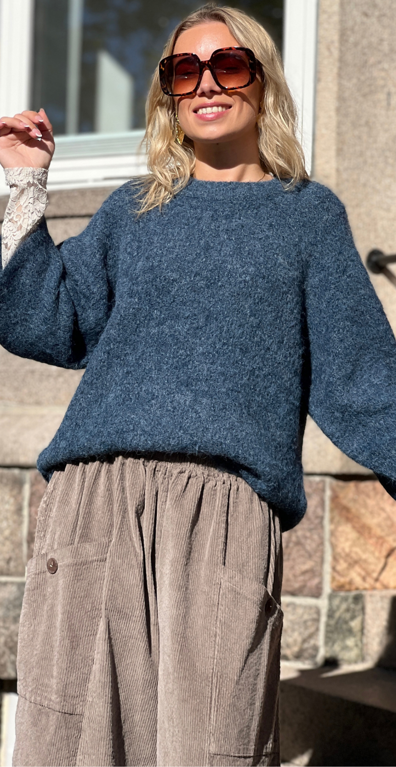 Lulu ensfarvet pullover med 3/4 ærmer moonlit ocean melange Freequent