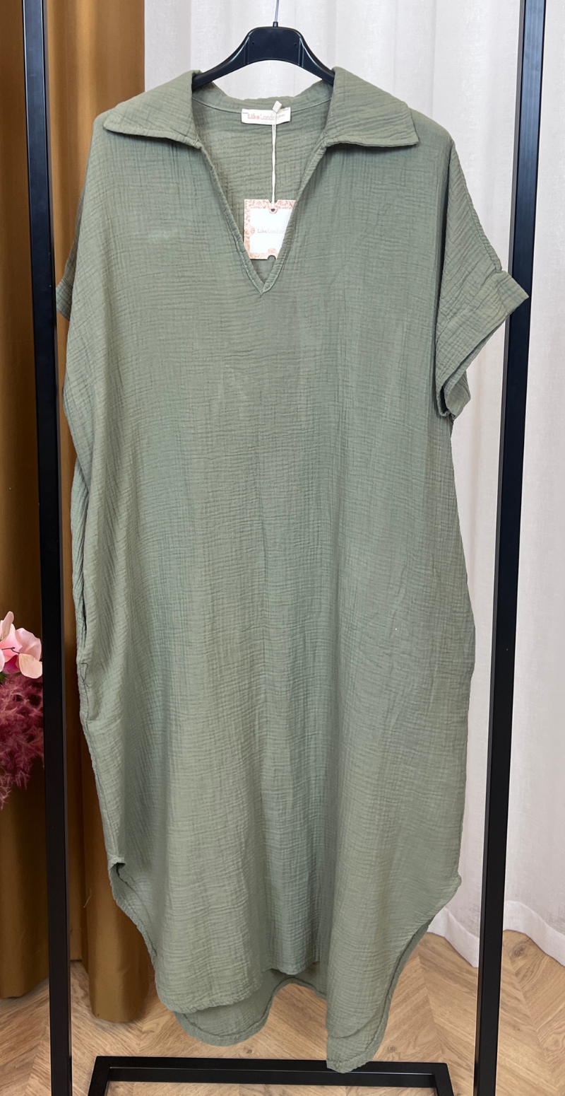 Dagmar kjole i musselin khaki LikeLondon