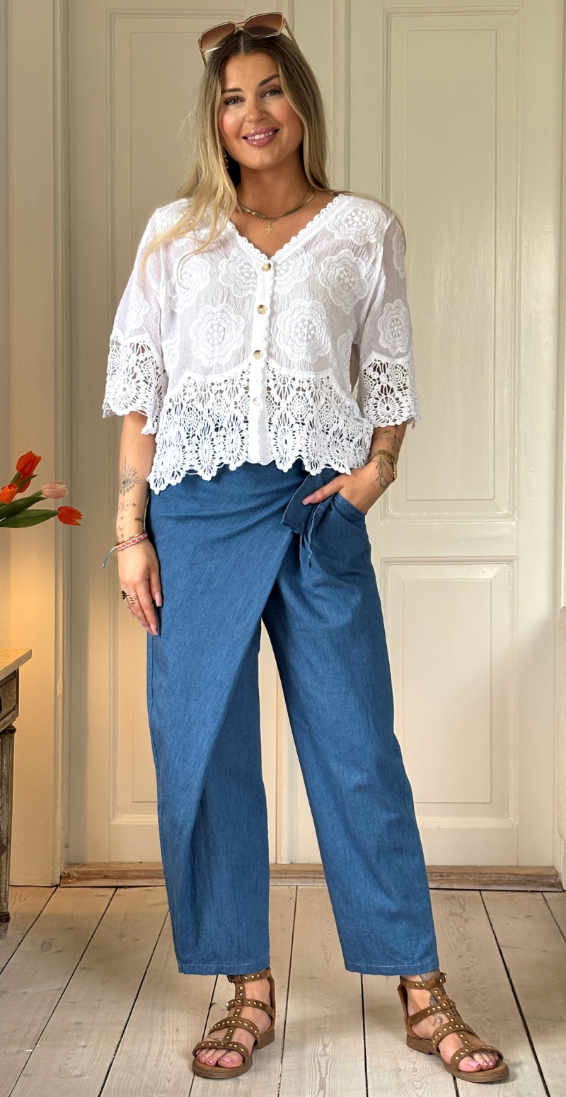 Silvia cardigan med 3/4 ærmer og hæklede kanter hvid LikeLondon