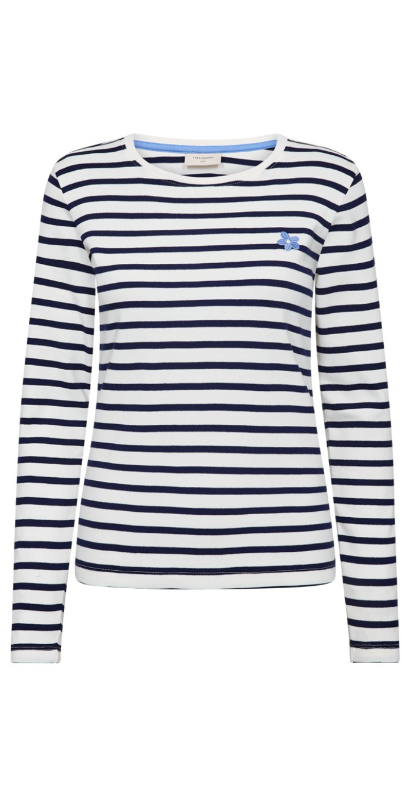 Famila bluse med striber og blomst off-white w. navy blazer FreeQuent