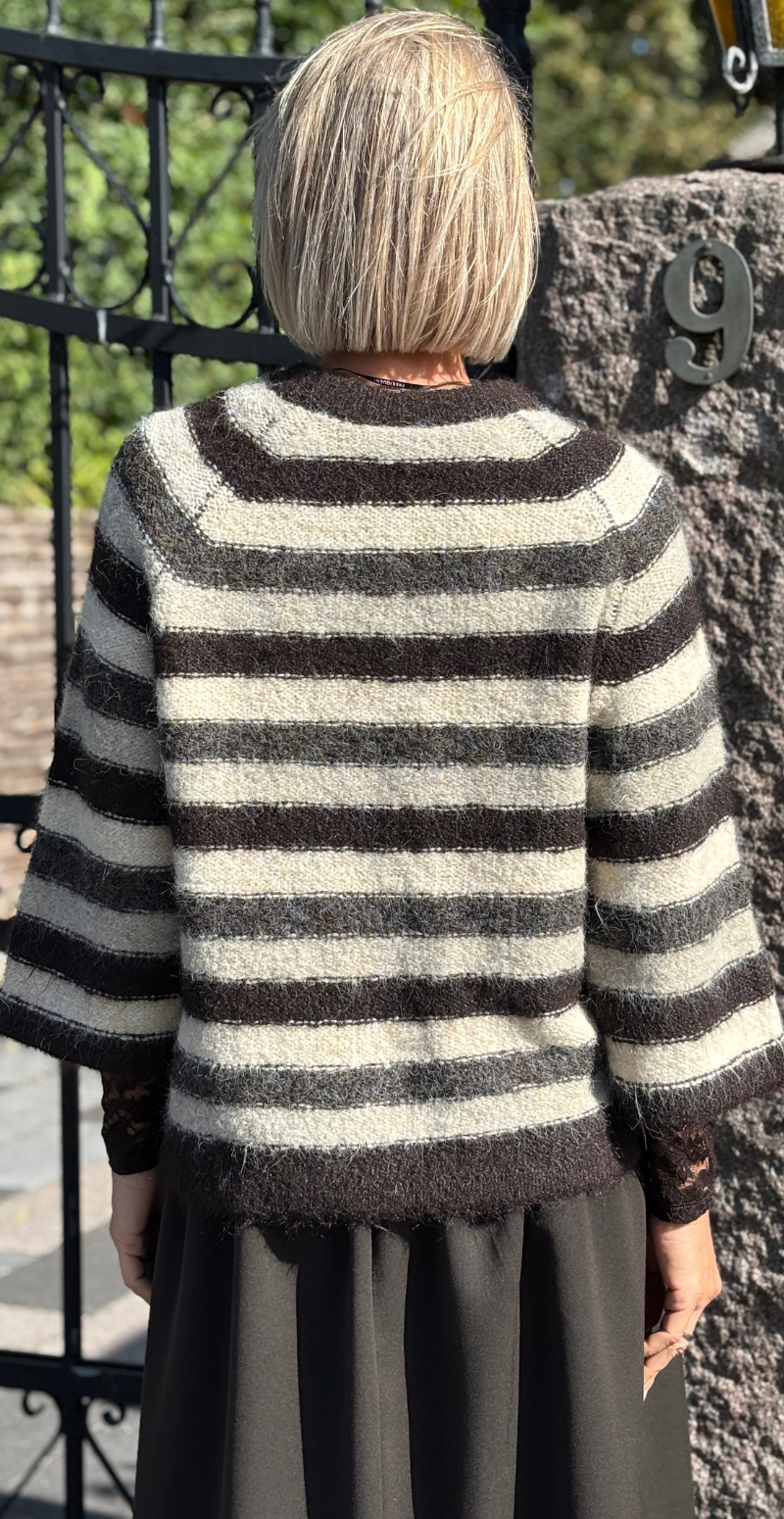 Bagfra visning af Lulu pullover med brune og beige striber og 3/4 ærmer fra LikeLondon.com.