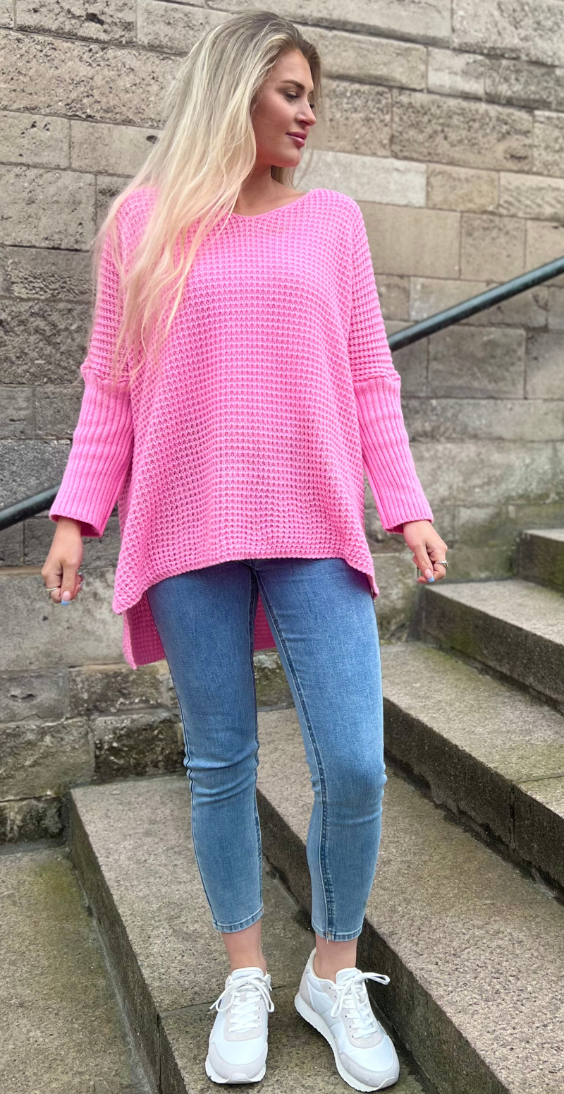Vilde strikbluse med ribærmer lyserød LikeLondon