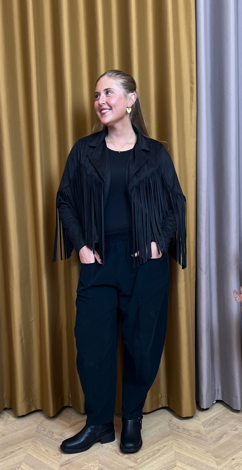 Billie ruskindsjakke med frynser sort LikeLondon