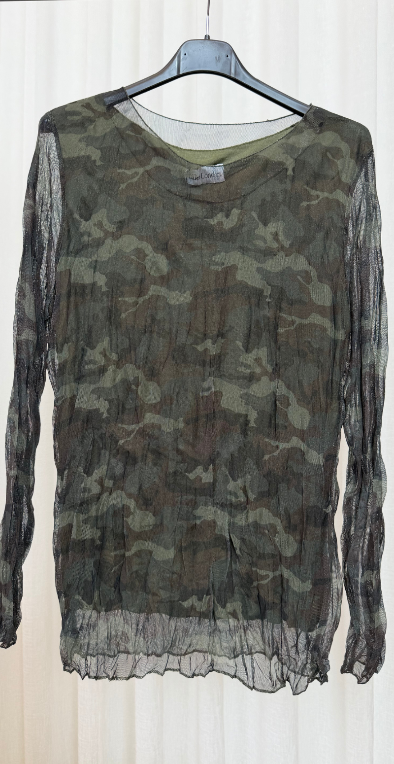 Sofie langærmet meshbluse med indertop militare camouflage LikeLondon
