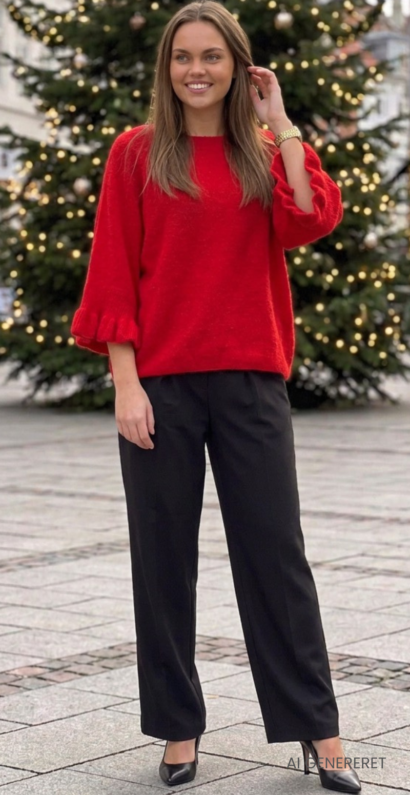 Louise strikbluse i baby alpaca med flæsedetaljer og 3/4 ærmer rød LikeLondon