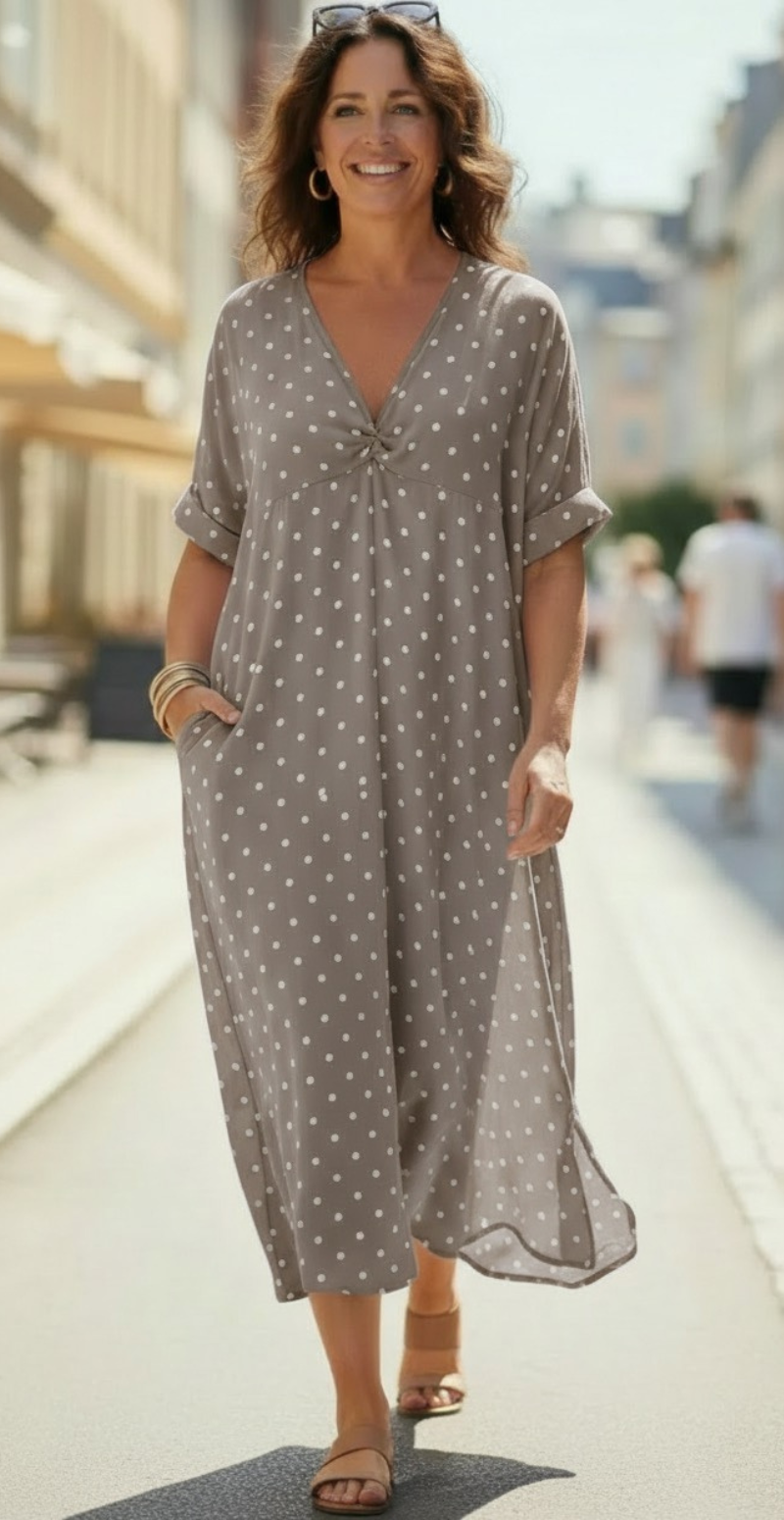 Annie kjole med knudedetalje og polkaprikker brun LikeLondon