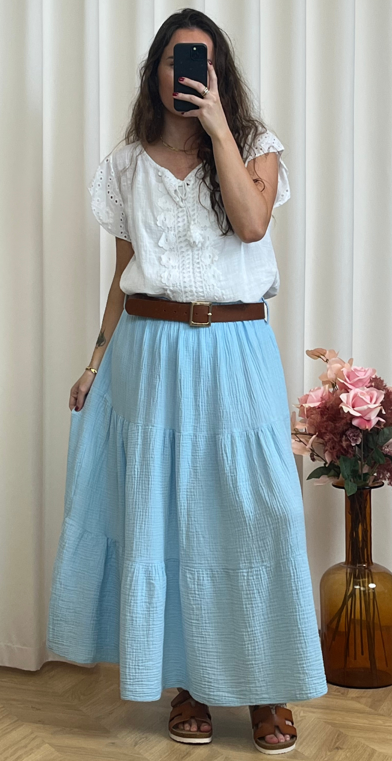 Miranda nederdel i bomuld med elastik i taljen sky LikeLondon