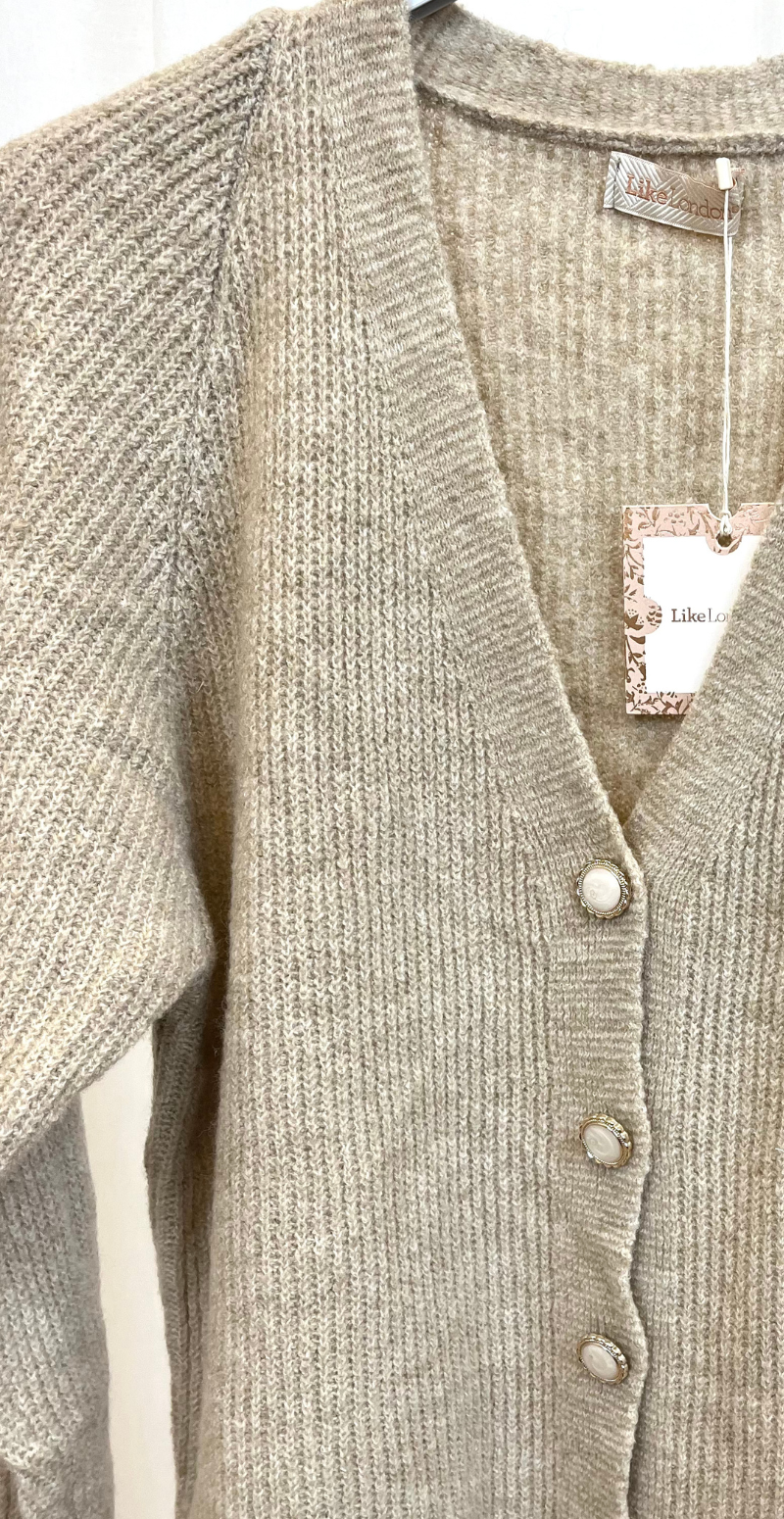 Zophia uldcardigan med V-hals og perlemorsknapper beige LikeLondon