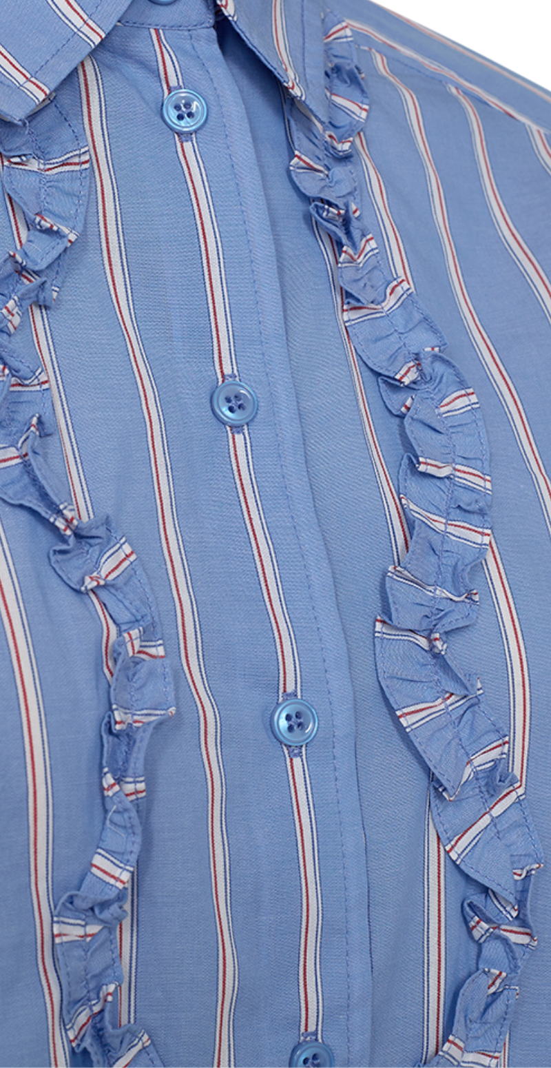 Sirana bluse med frynsedetaljer og striber chambray blue w. star off-white