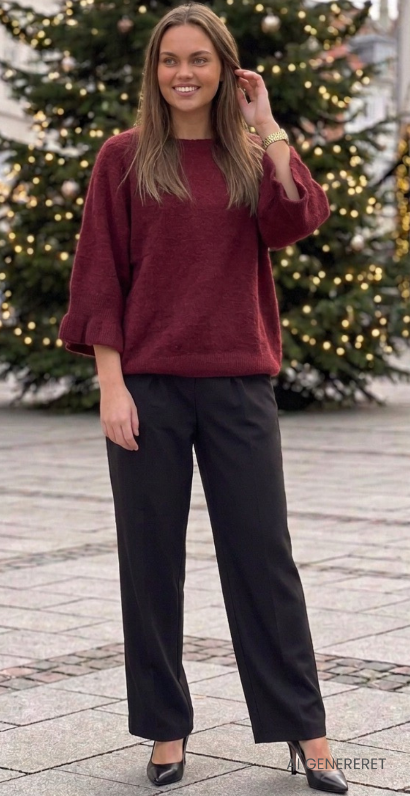 Louise strikbluse i baby alpaca med flæsedetaljer og 3/4 ærmer bordeaux LikeLondon