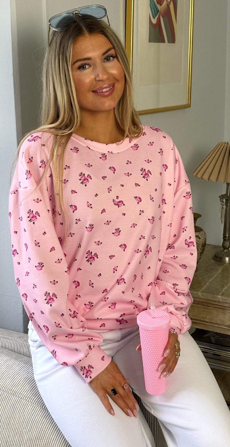 Malika sweatshirt med rund hals og blomster pink LikeLondon