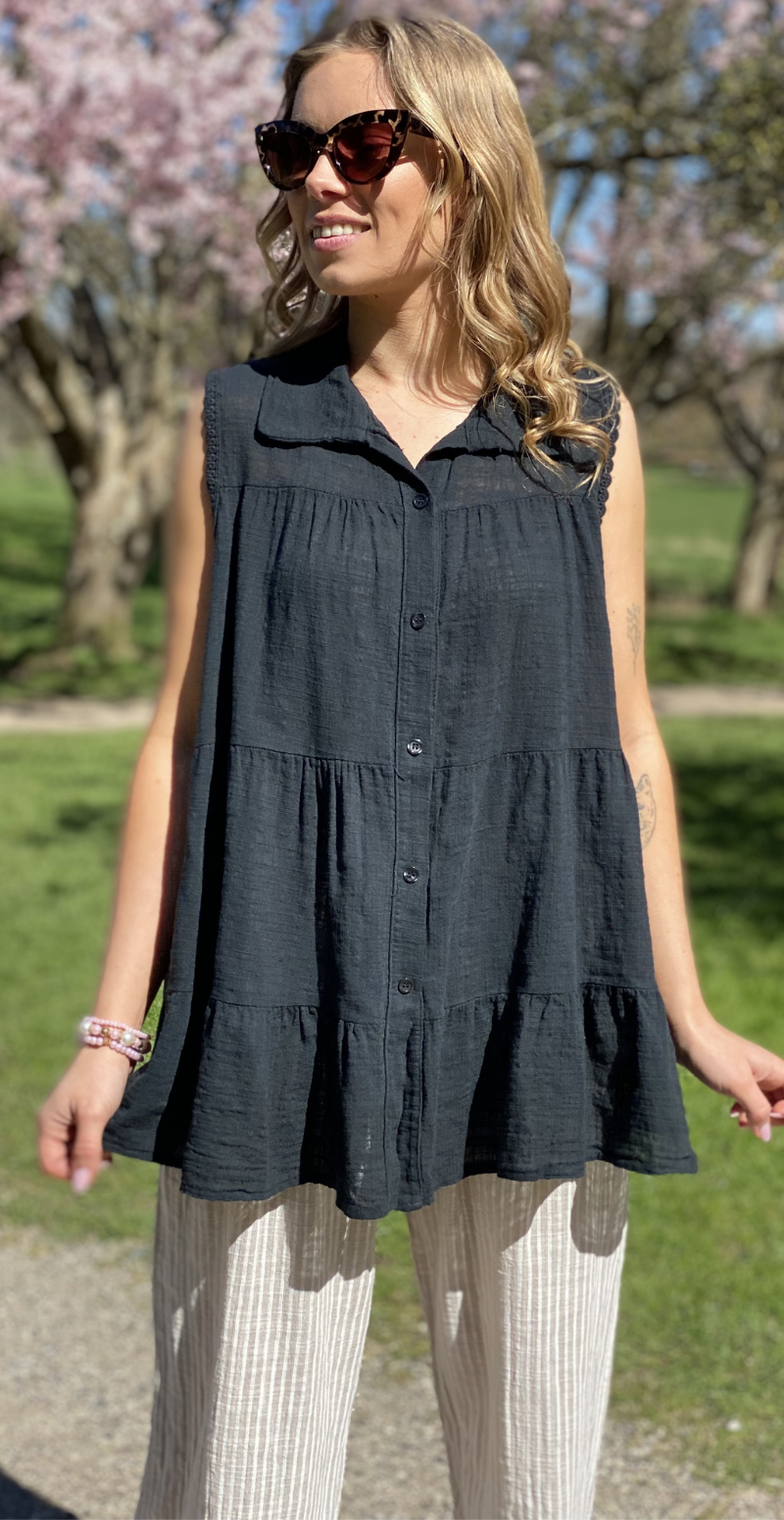 Rinda bluse uden ærmer med peplum og hæklede detaljer sort LikeLondon