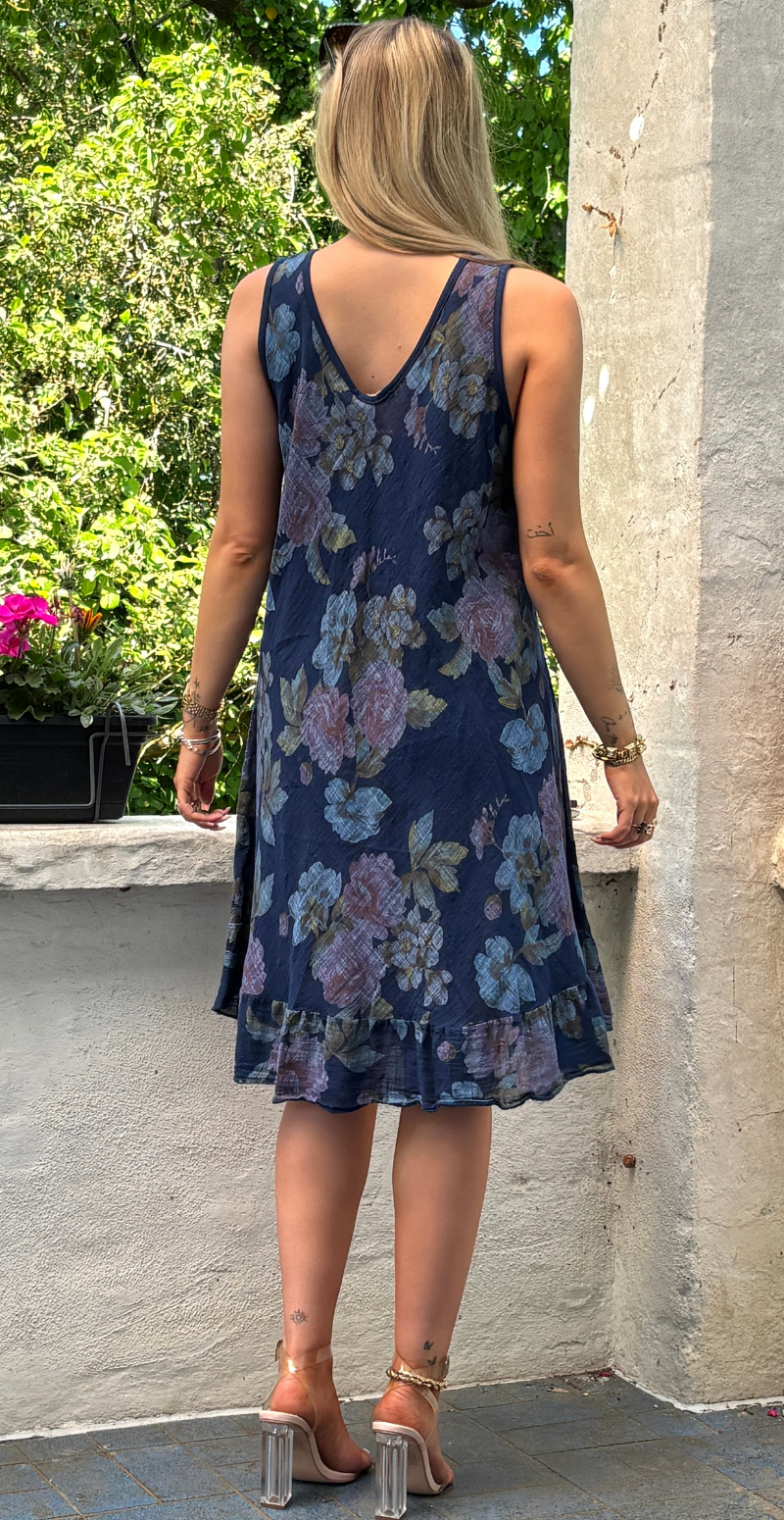 Iben kjole med blomsterprint og peplum navy LikeLondon