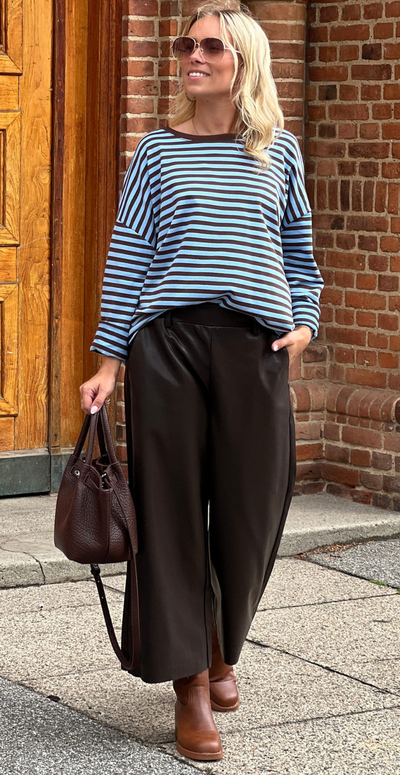 Zenia bluse med lange ærmer og striber sky blue/old brown LikeLondon