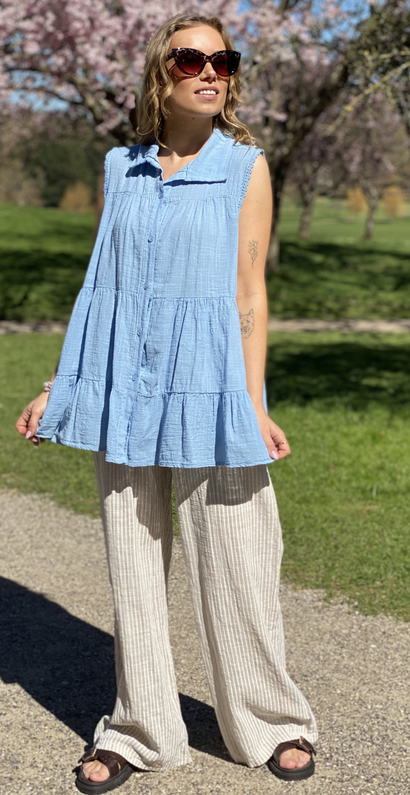 Rinda bluse uden ærmer med peplum og hæklede detaljer blå LikeLondon