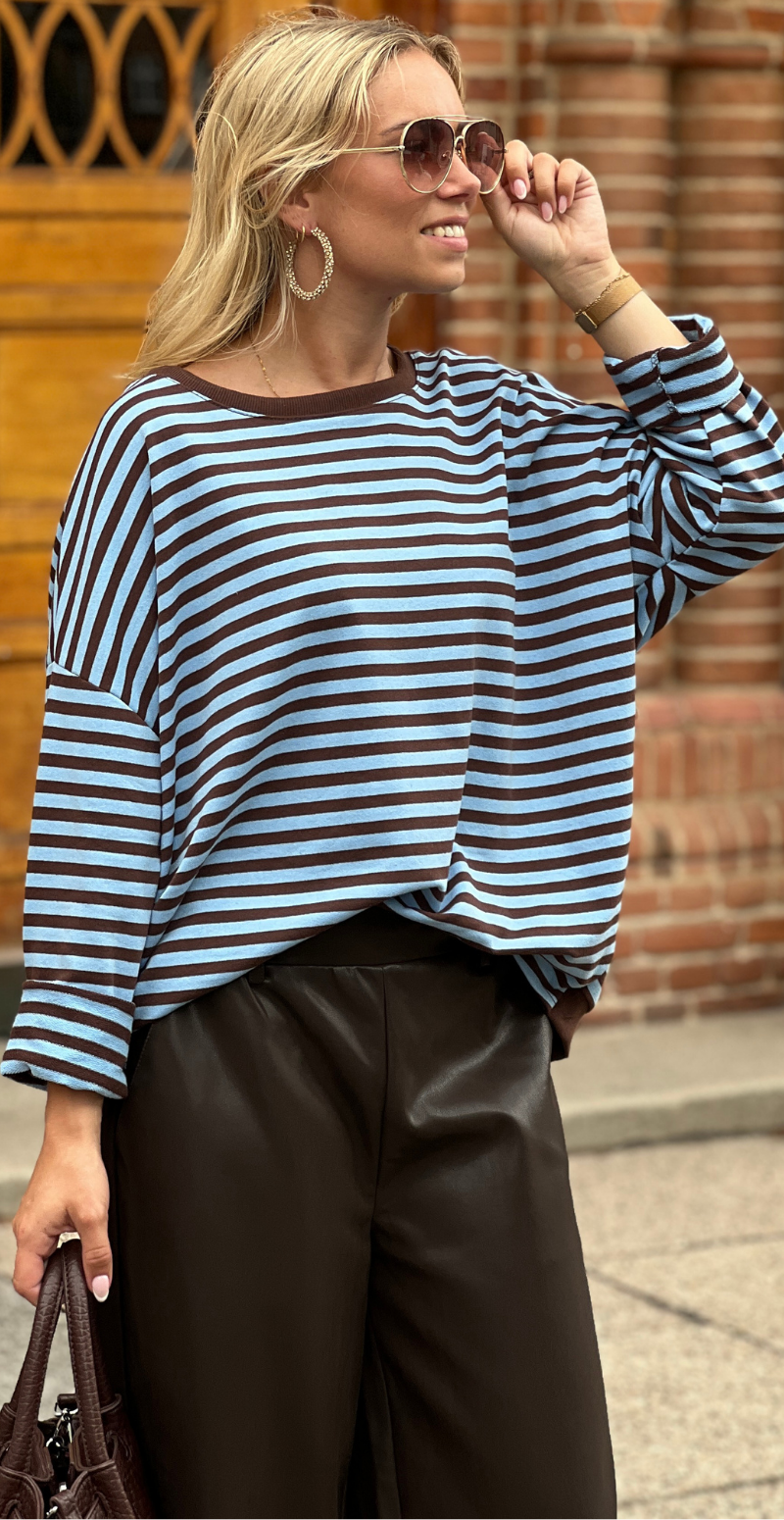 Forudbestil uge 39 Zenia bluse med lange ærmer og striber sky blue/old brown LikeLondon