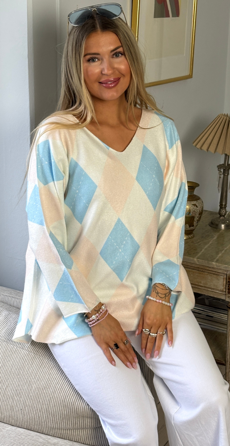 Lucille strik med harlekin mønster sky blue LikeLondon