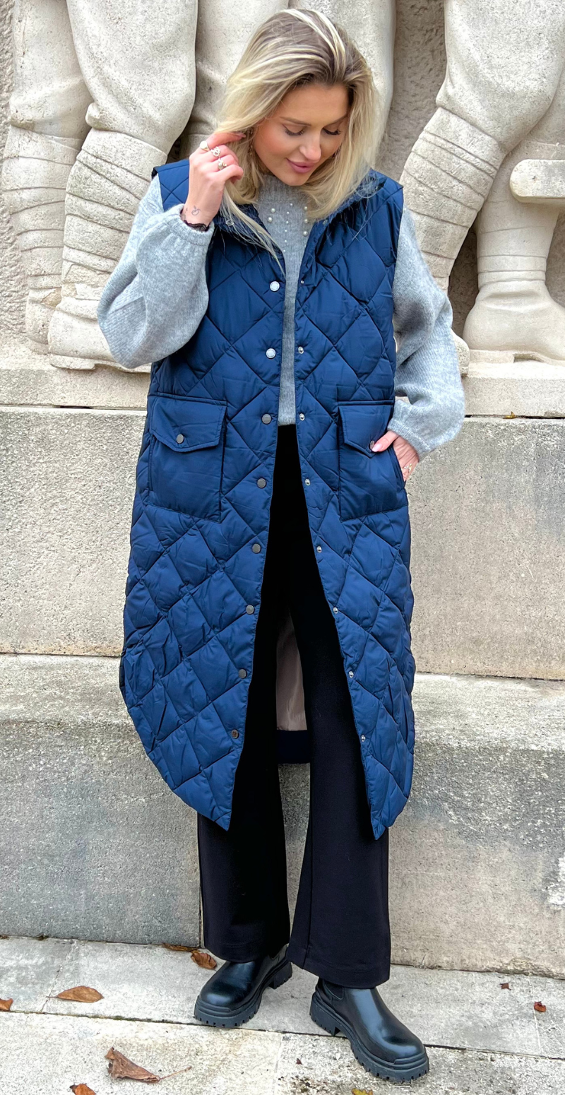 Lang quiltet vest navy blazer
