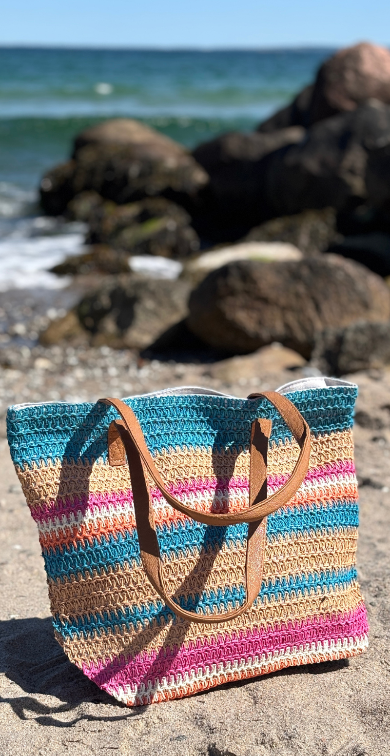 Flettaske med striber og lynlås blå/pink LikeLondon