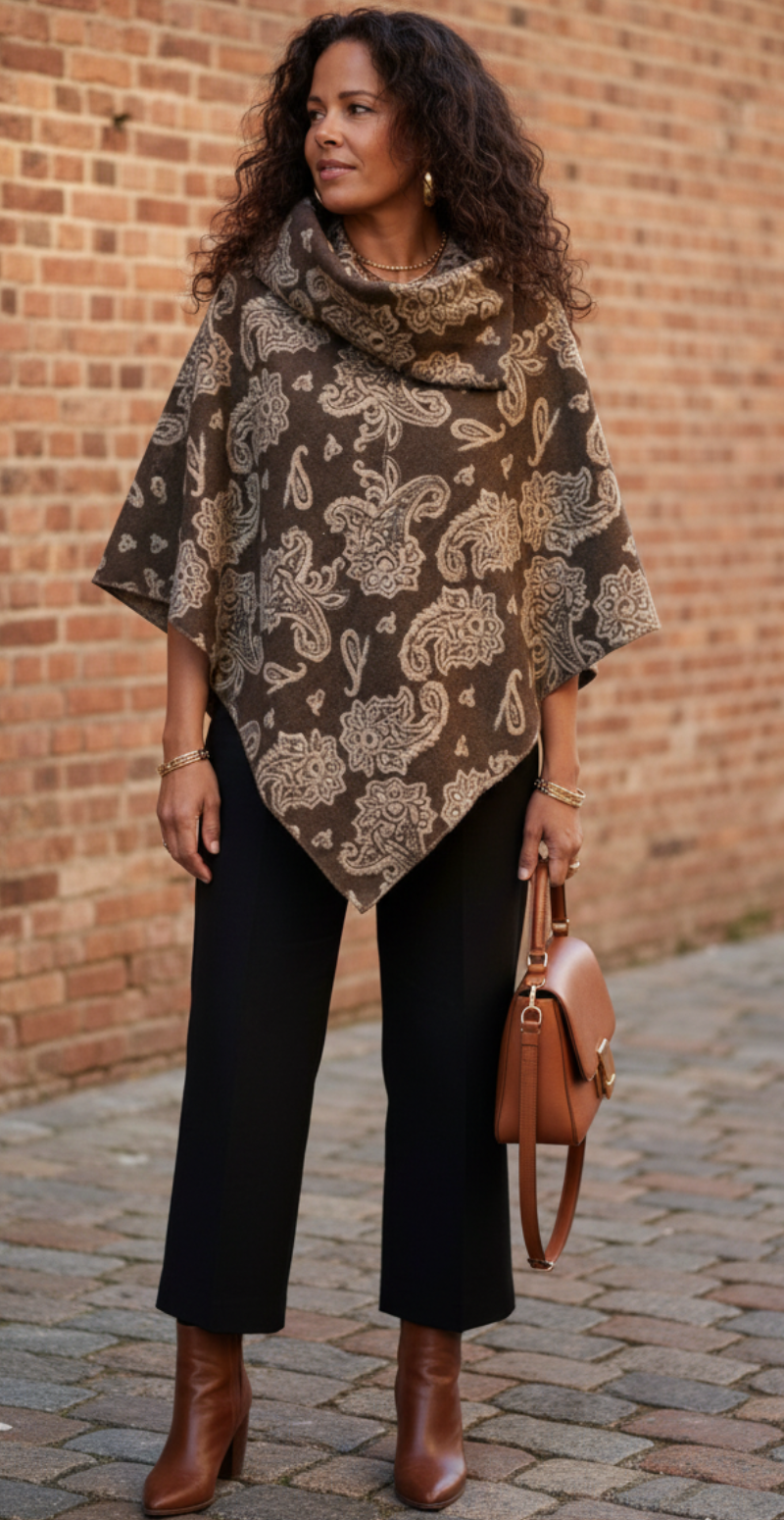 Sienna poncho med paisley mønster brun LikeLondon