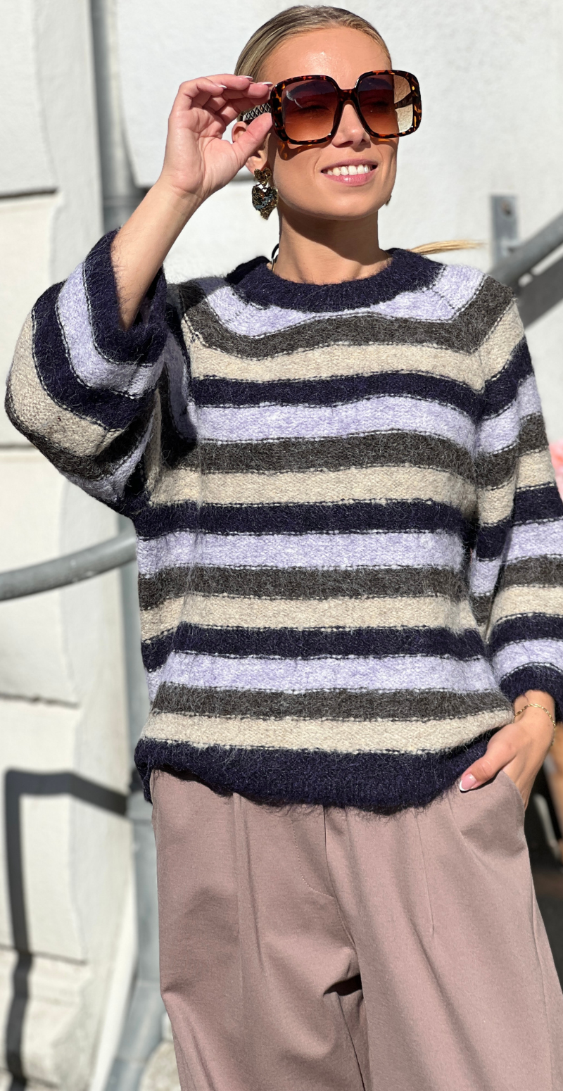 Lulu pullover med striber og 3/4 ærmer nightshade Freequent