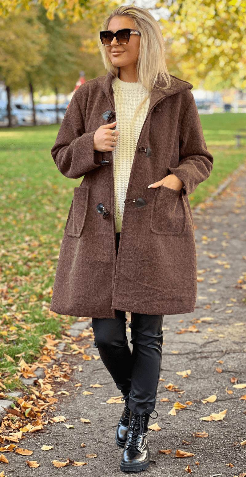 Mabel duffle coat med hætte og lommer brun LikeLondon