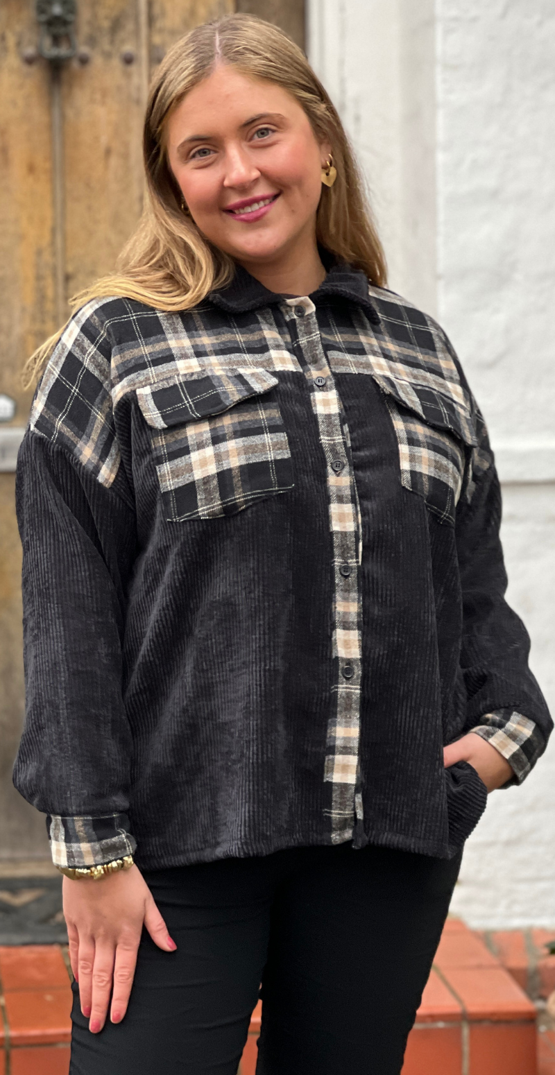 Bolette skjorte i fløjl med ternet detaljer sort LikeLondon