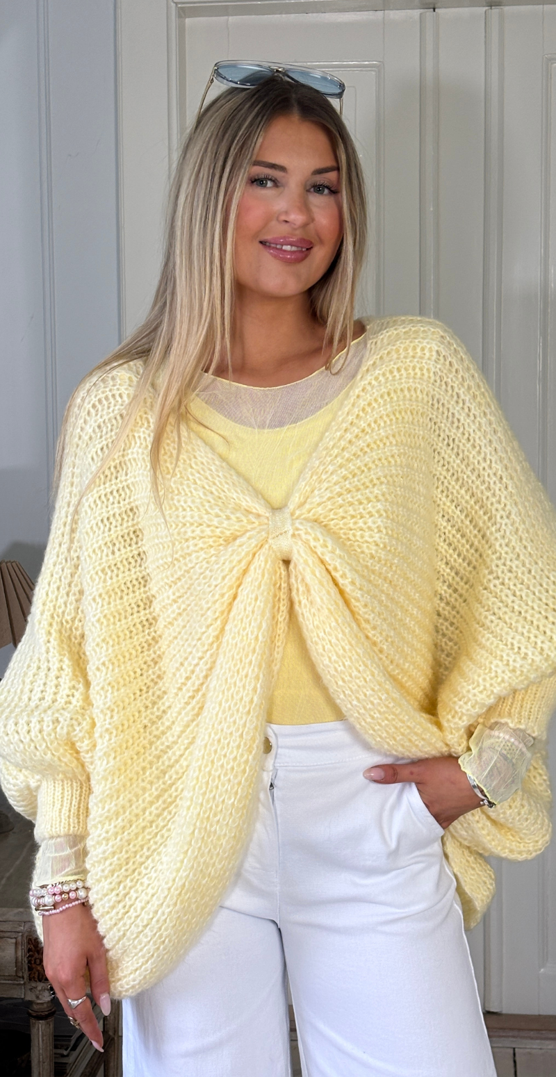 Erika uldstrik med flagermusærmer og rynkedetalje gul LikeLondon