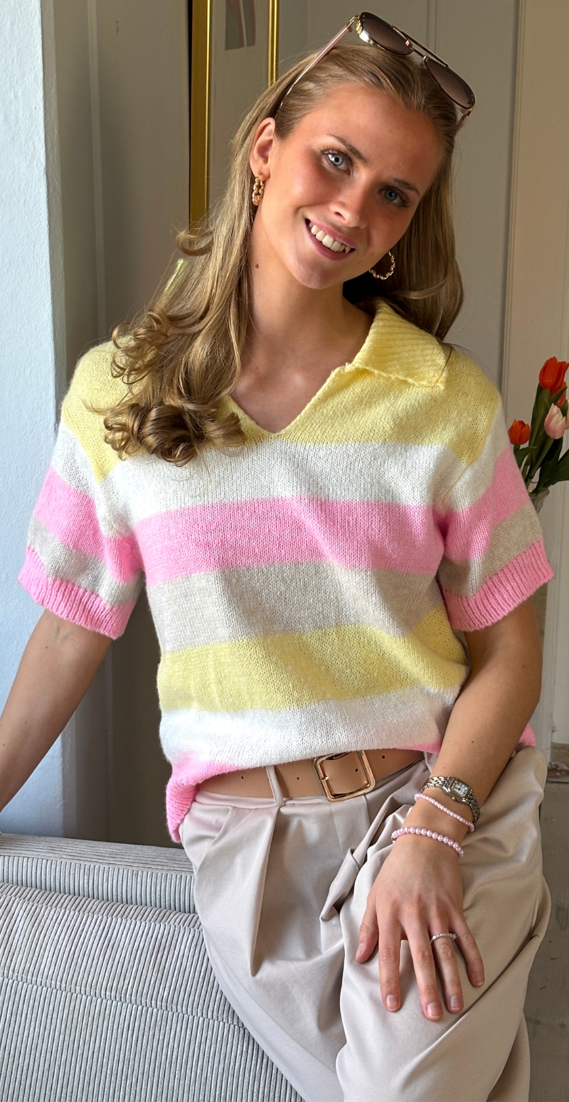 Forudbestil uge 11 Arlene strik kortærmet strik med v-hals og striber gul LikeLondon