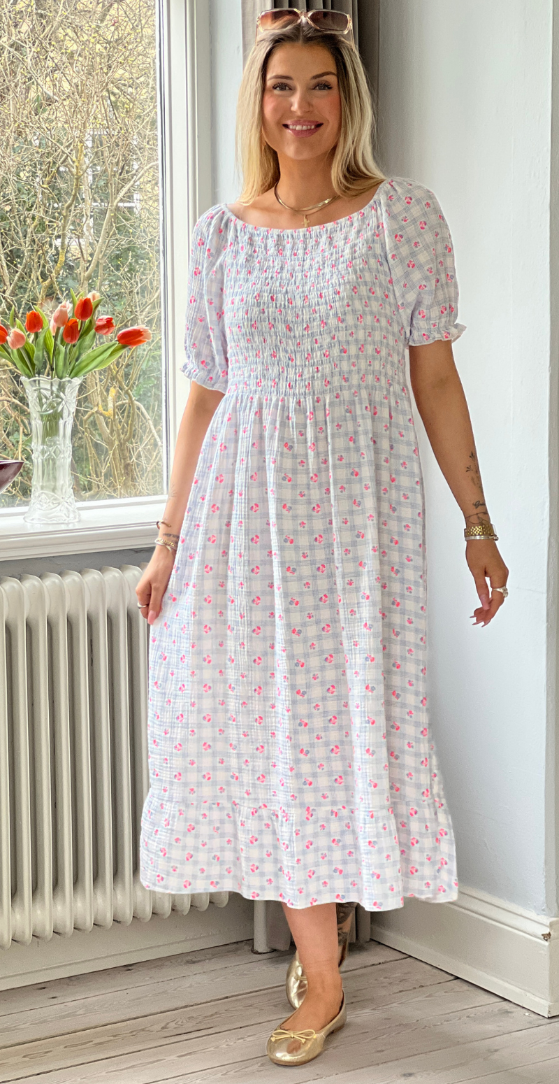 Olga ternet kjole med små blomster og smock blå LikeLondon