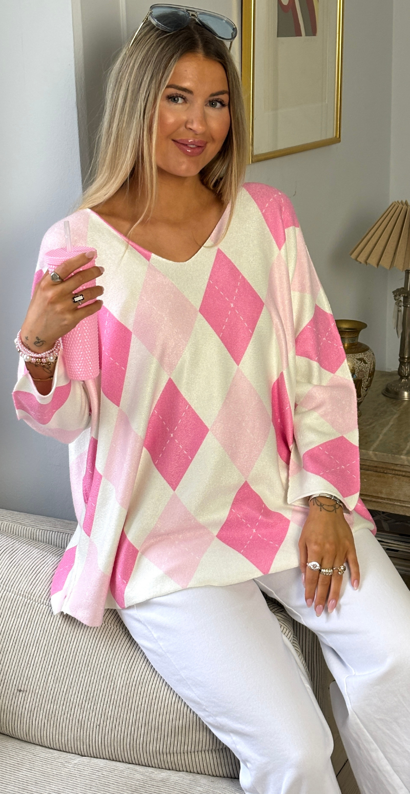 Lucille strik med harlekin mønster pink LikeLondon