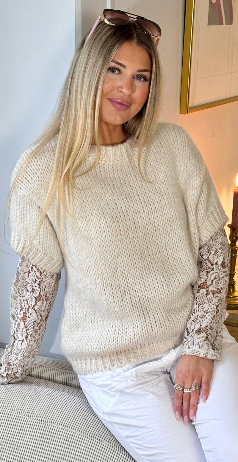 Ivana strik med korte ærmer og ribkanter beige LikeLondon