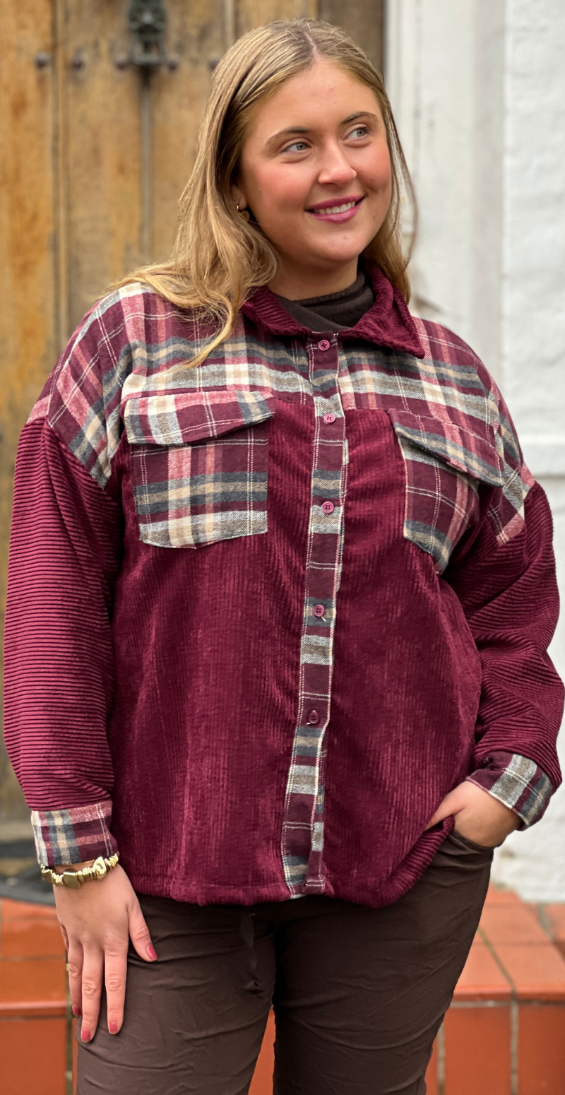 Bolette skjorte i fløjl med ternet detaljer bordeaux LikeLondon