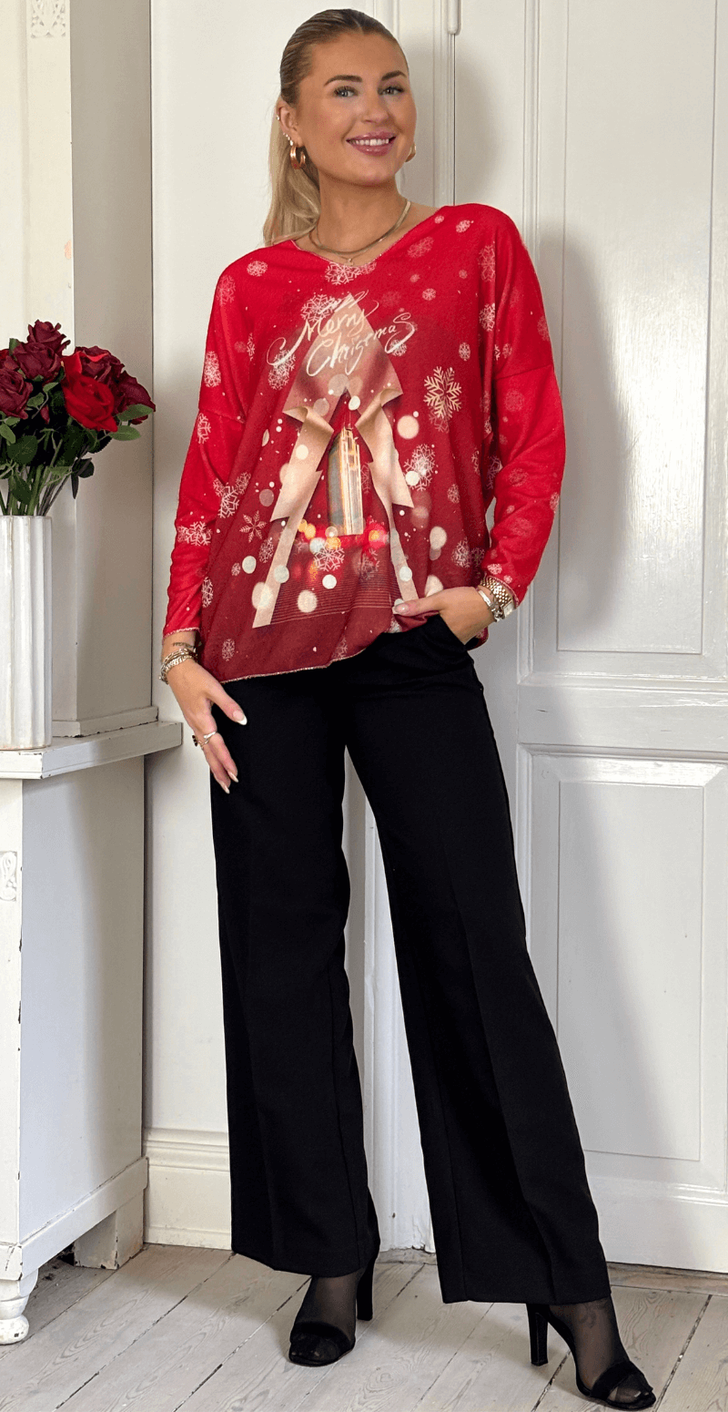 Neel julebluse med juletræ og snefnug rød LikeLondon