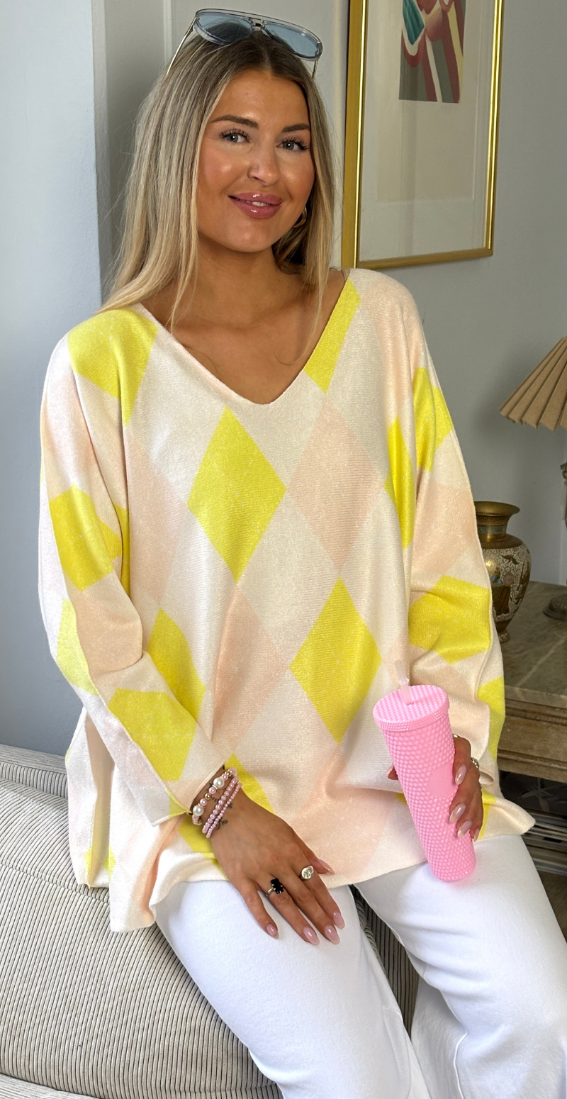 Lucille strik med harlekin mønster gul LikeLondon