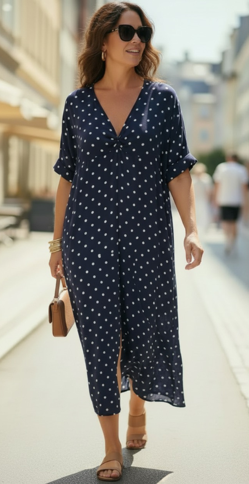 Annie kjole med knudedetalje og polkaprikker navy LikeLondon