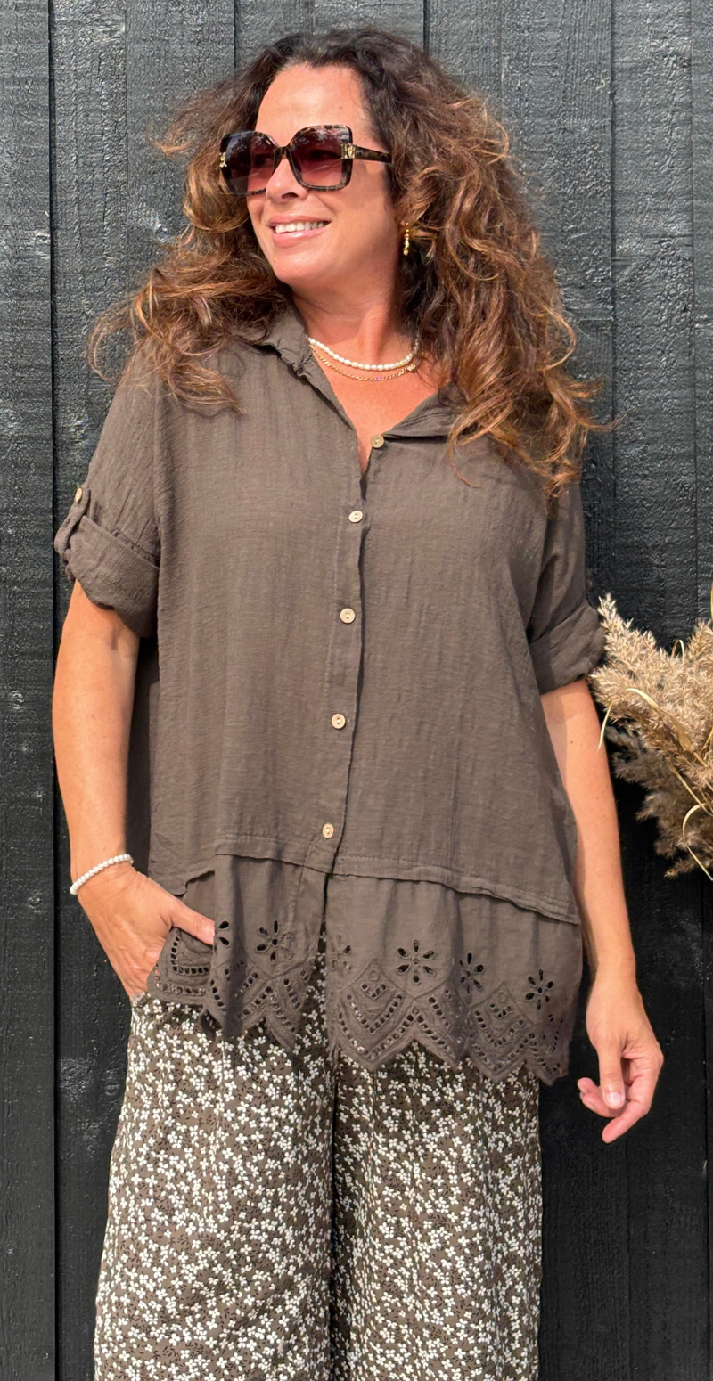 Forudbestil uge 22 Oda skjortebluse med broderi anglaise brun LikeLondon