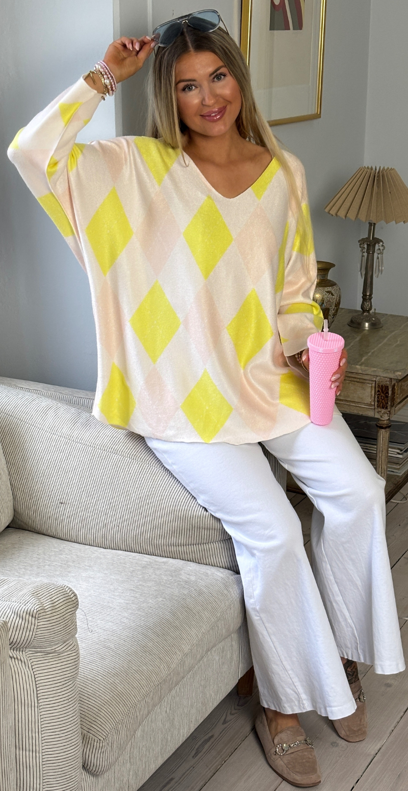 Lucille strik med harlekin mønster gul LikeLondon