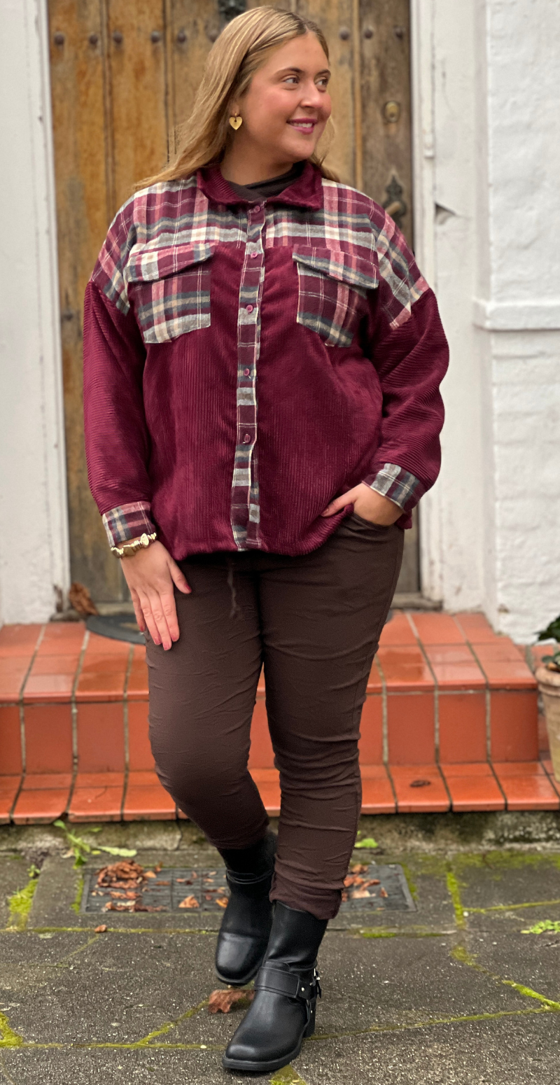 Bolette skjorte i fløjl med ternet detaljer bordeaux LikeLondon