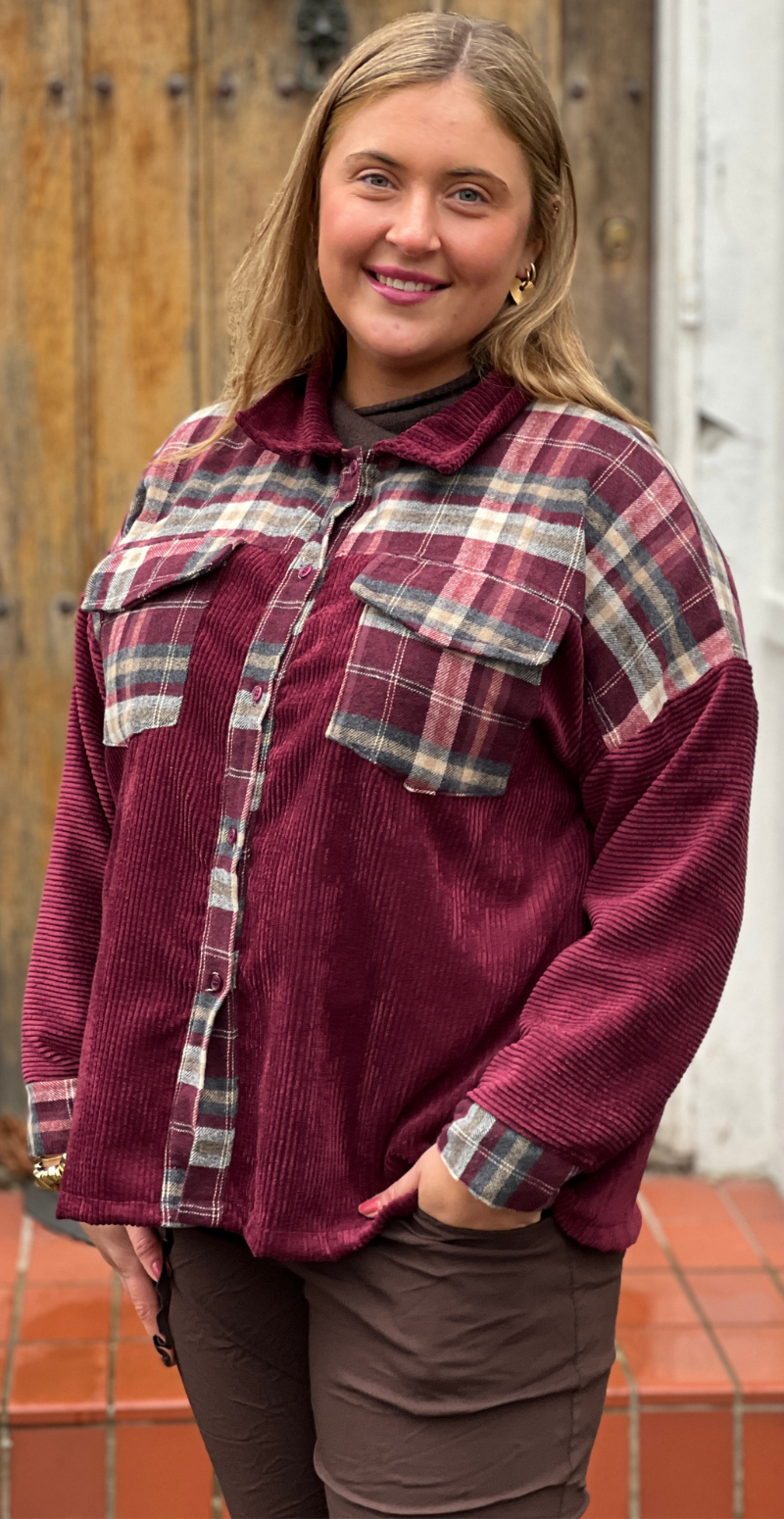 Bolette skjorte i fløjl med ternet detaljer bordeaux LikeLondon