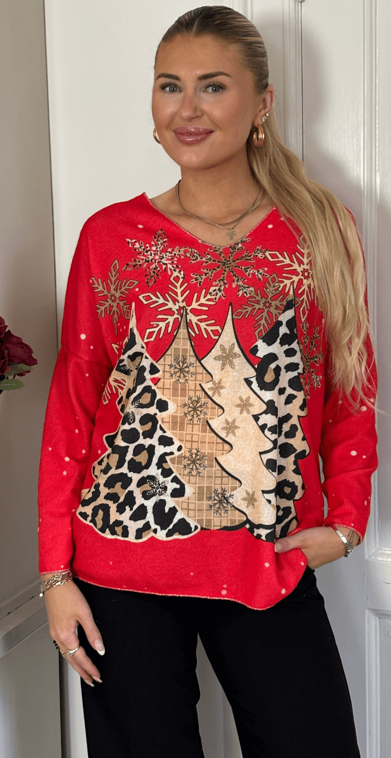 Neel julebluse med leopard juletræer rød LikeLondon
