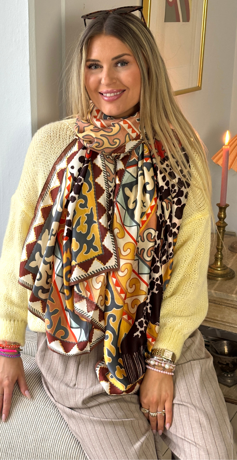 Tørklæde i silk-look med motiv af hest brun LikeLondon