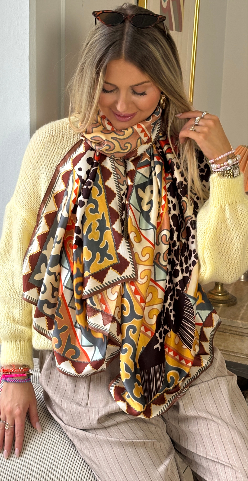 Tørklæde i silk-look med motiv af hest brun LikeLondon