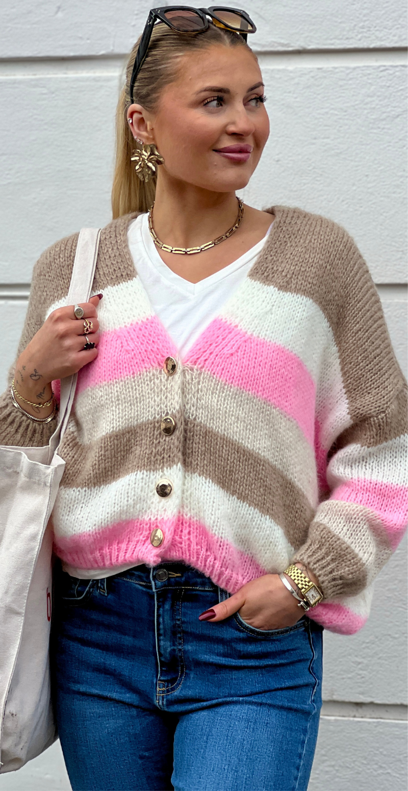 Evelina cardigan med guldknapper camel/rosa LikeLondon
