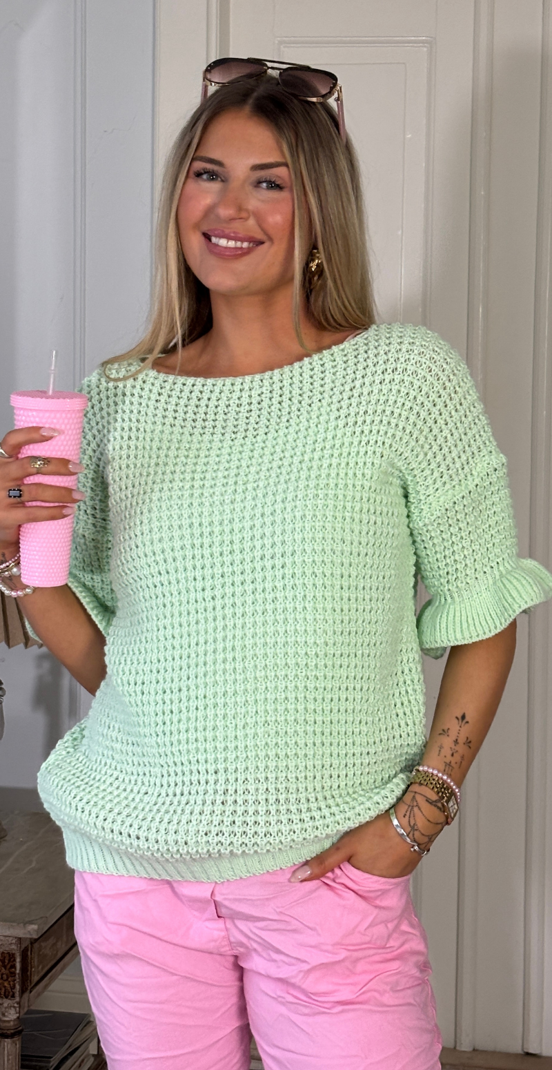 Chia strikbluse med kort flæseærme mint LikeLondon